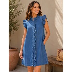 Mazik Cottagecore Blue Denim Ruffle Sleeve Shift Dress MK5338 S Western Boho